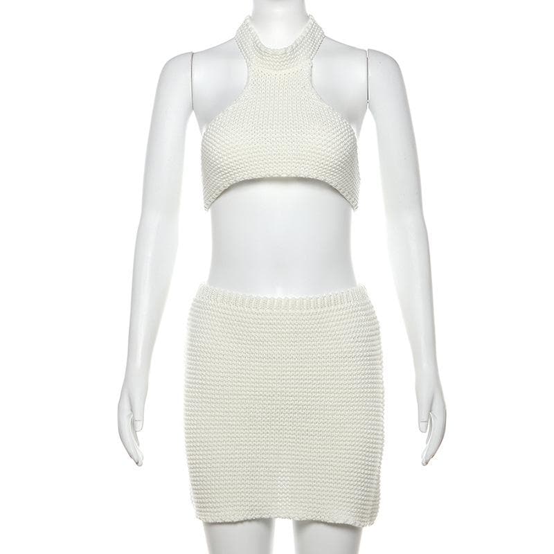 Halter self tie knitted backless mini skirt set