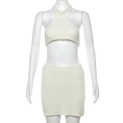 Halter self tie knitted backless mini skirt set