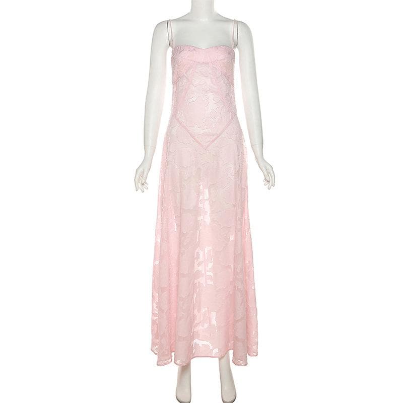 Square Neck Floral Jacquard Burnout Spaghetti Strap Backless Maxi Dress