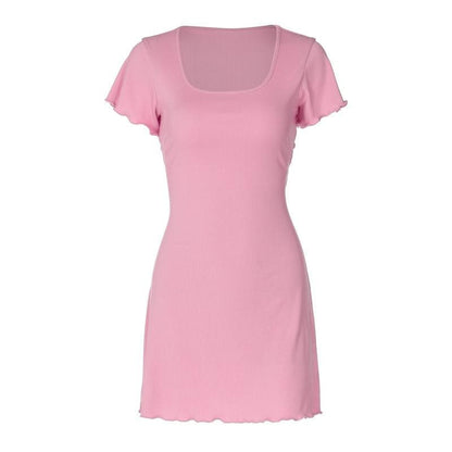 Short sleeve u neck ribbed knotted mini dress