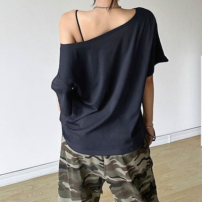 Short sleeve letter pattern round neck contrast top