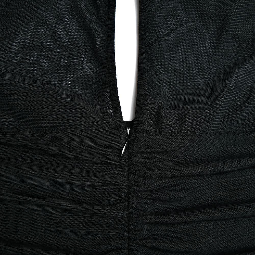 Hollow out ruched mesh long sleeve zip-up button cut out mini dress