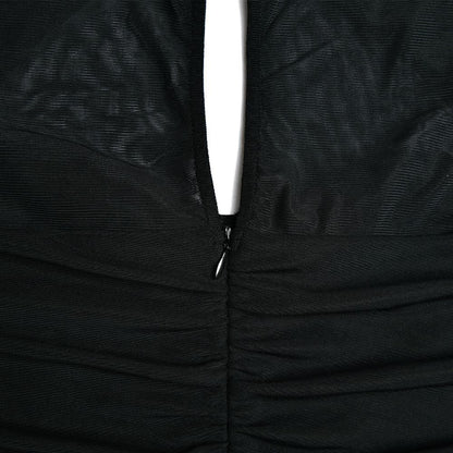 Hollow out ruched mesh long sleeve zip-up button cut out mini dress