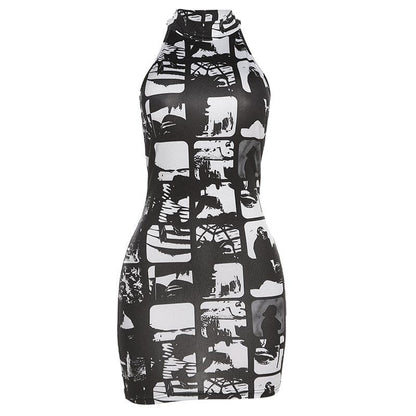 Graphic Collage Print Halter Neck Sleeveless Bodycon Mini Dress