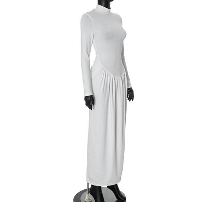 High neck long sleeve ruched maxi dress