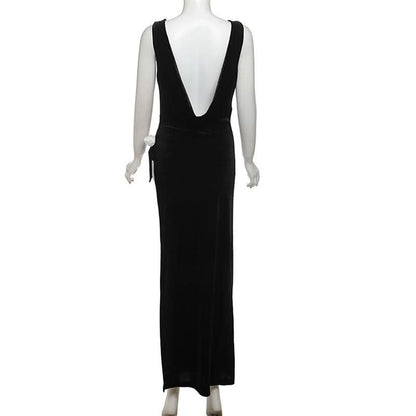 Cowl neck velvet backless slit bowknot applique maxi dress