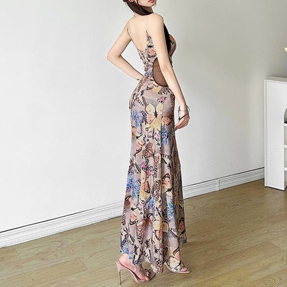 U neck metal chain butterfly print cami maxi dress