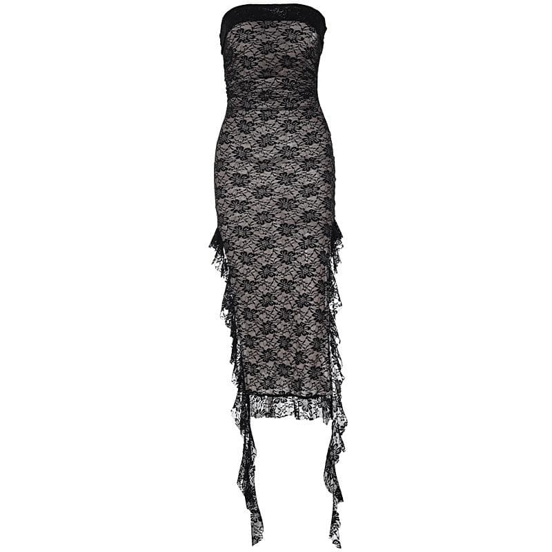 Strapless Floral Lace Ruffle Side Ribbon Contrast Tube Midi Dress