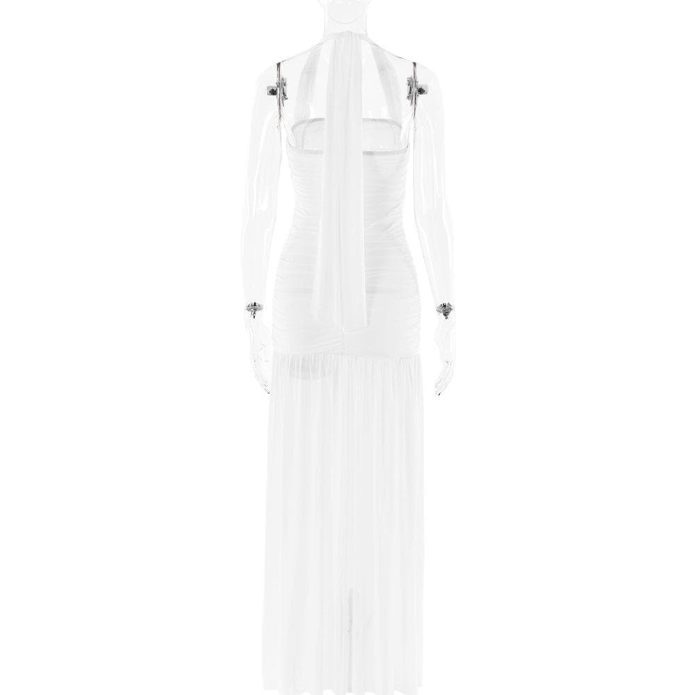 Halter ruched backless solid maxi dress