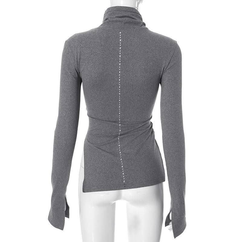 Long sleeve high neck slit irregular solid top