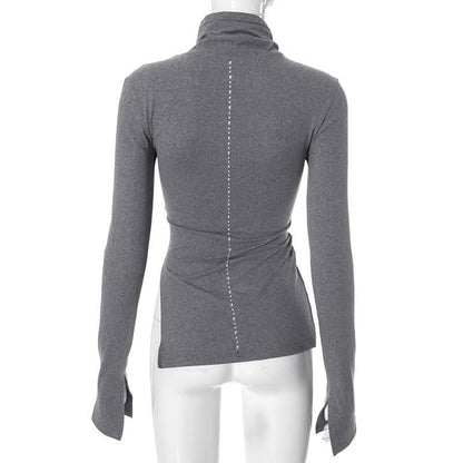 Long sleeve high neck slit irregular solid top
