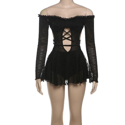 Off shoulder long sleeve hollow out self tie cut out mini dress