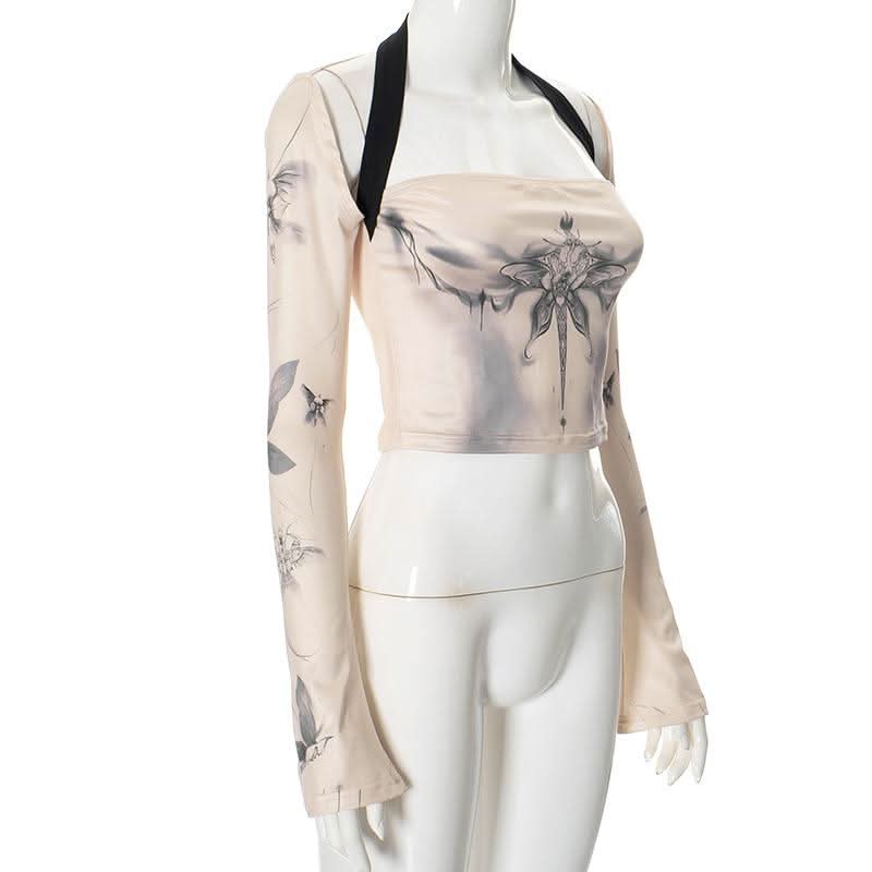 Halter long flared sleeve print hollow out crop cut out top