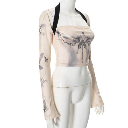 Halter long flared sleeve print hollow out crop cut out top