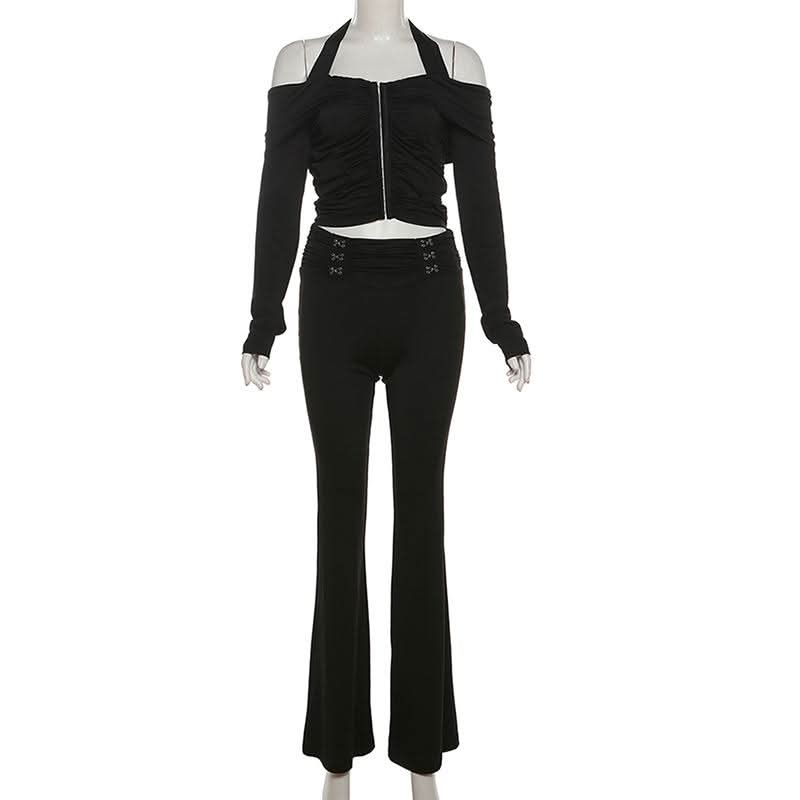 Halter long sleeve off shoulder button ruched pant set
