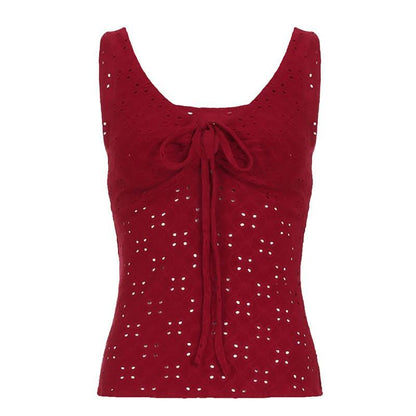 Hollow out v neck self tie textured tank cut out top