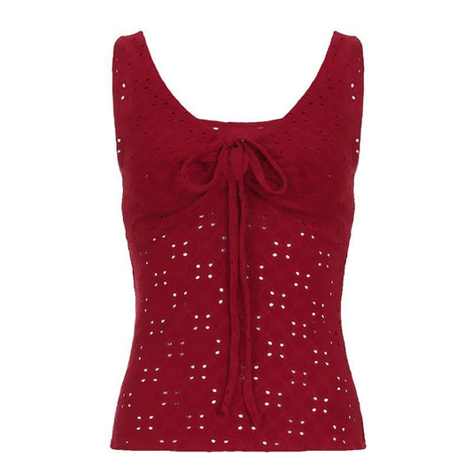 Hollow out v neck self tie textured tank cut out top