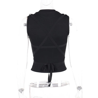 Crewneck patchwork cross front cross pattern tank top