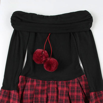 Off shoulder long sleeve plaid fluffy mini dress