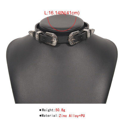 Metal button PU choker necklace