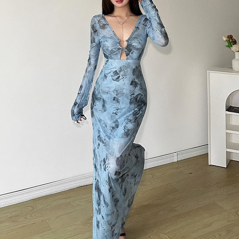 Long sleeve sheer mesh v neck print maxi dress