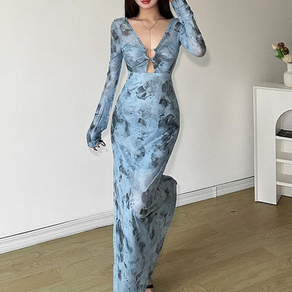 Long sleeve sheer mesh v neck print maxi dress