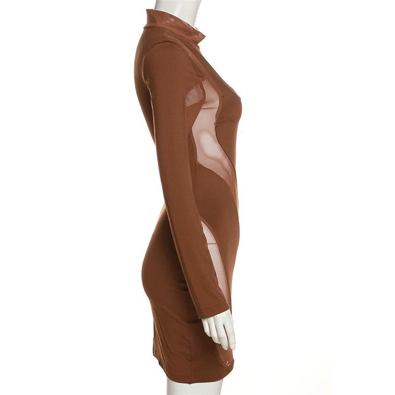 Mesh Panel Abstract Wave Print Mock Neck Long Sleeve Bodycon Mini Dress