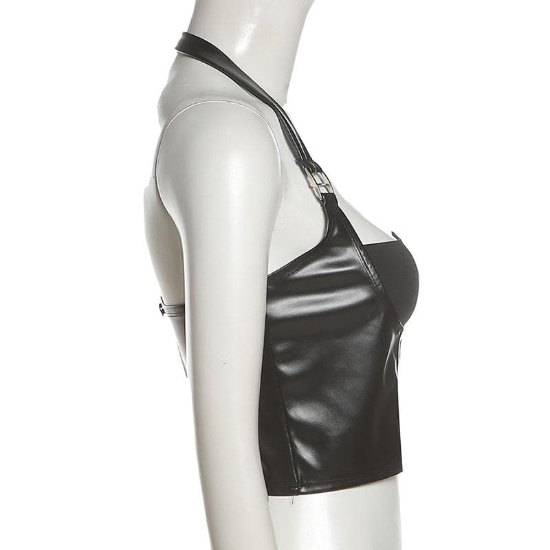 Halter PU leather buckle zip-up stitch solid top