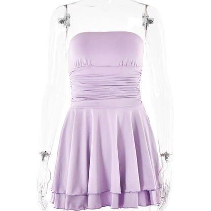 Ruched backless solid ruffle tube mini dress