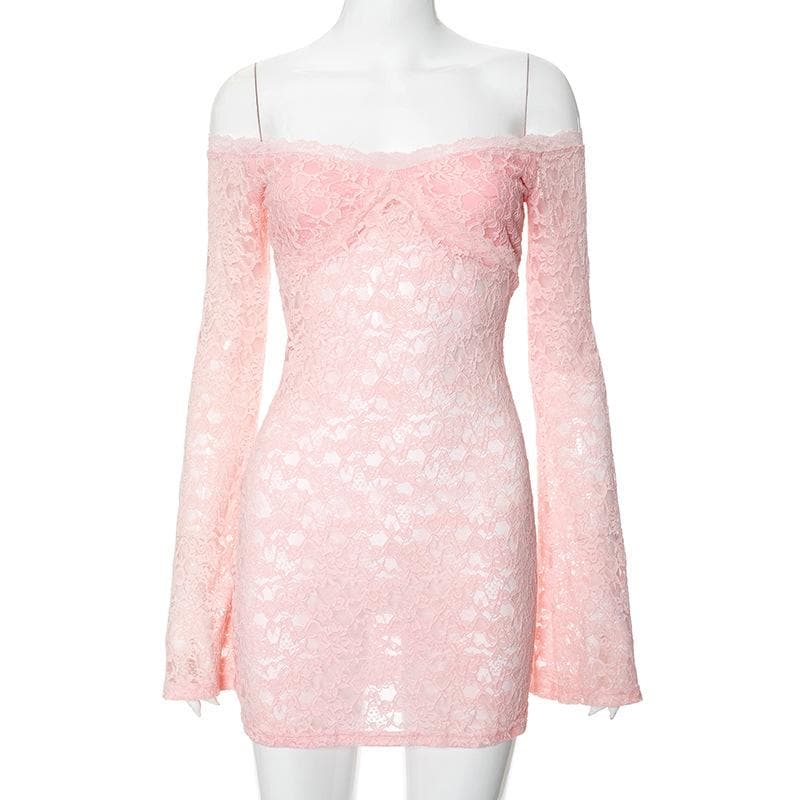 Long flared sleeve off shoulder lace see through mini dress