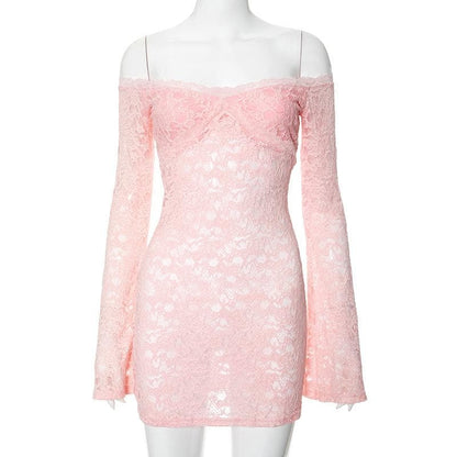 Long flared sleeve off shoulder lace see through mini dress