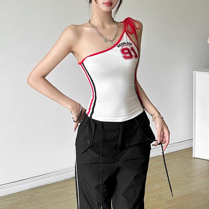One shoulder irregular self tie “91” pattern contrast top