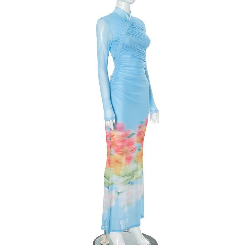 High neck long sleeve ruched mesh flower print maxi dress