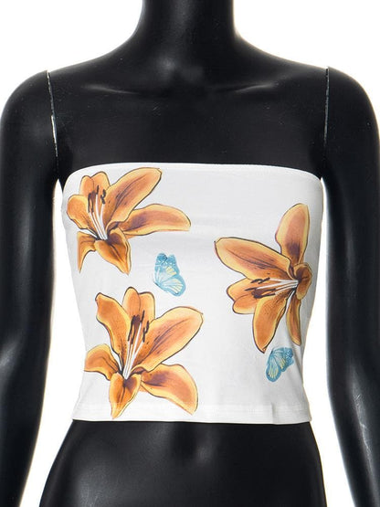Flower print backless tube top