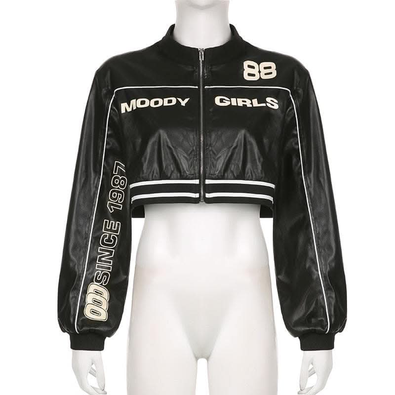 Long sleeve PU leather zip-up high neck coat top-final-sale