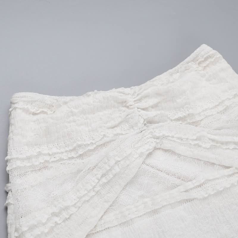 Ruched ruffle lace patchwork solid maxi skirt