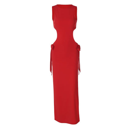 Crewneck sleeveless bowknot hollow out slit cut out maxi dress