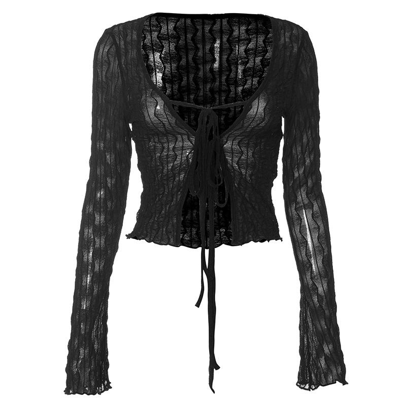 Self tie see through long flared sleeve textured crop top