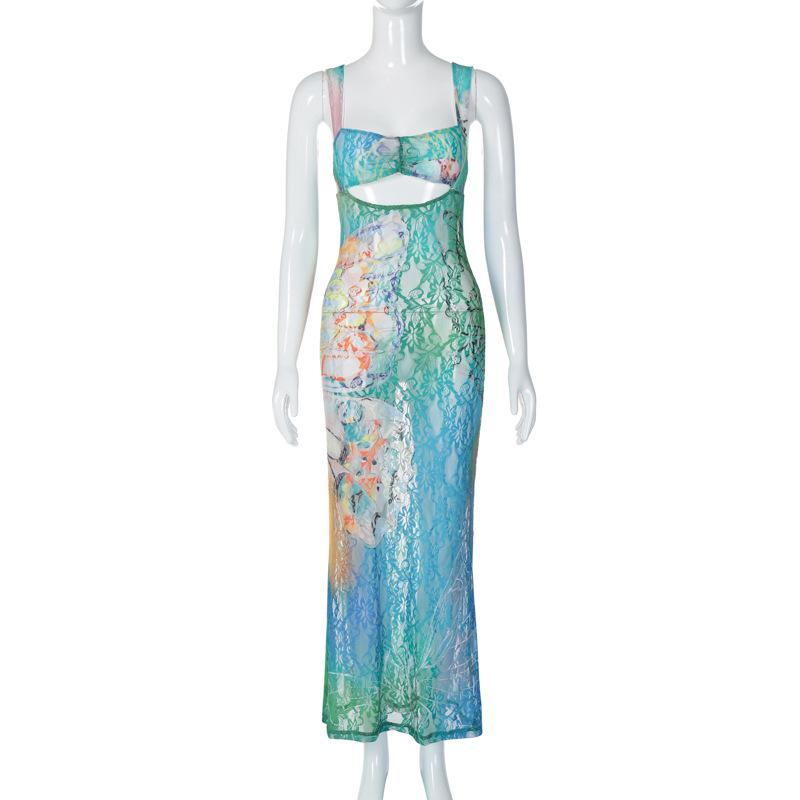 Hollow out butterfly pattern lace tie dye cut out maxi dress