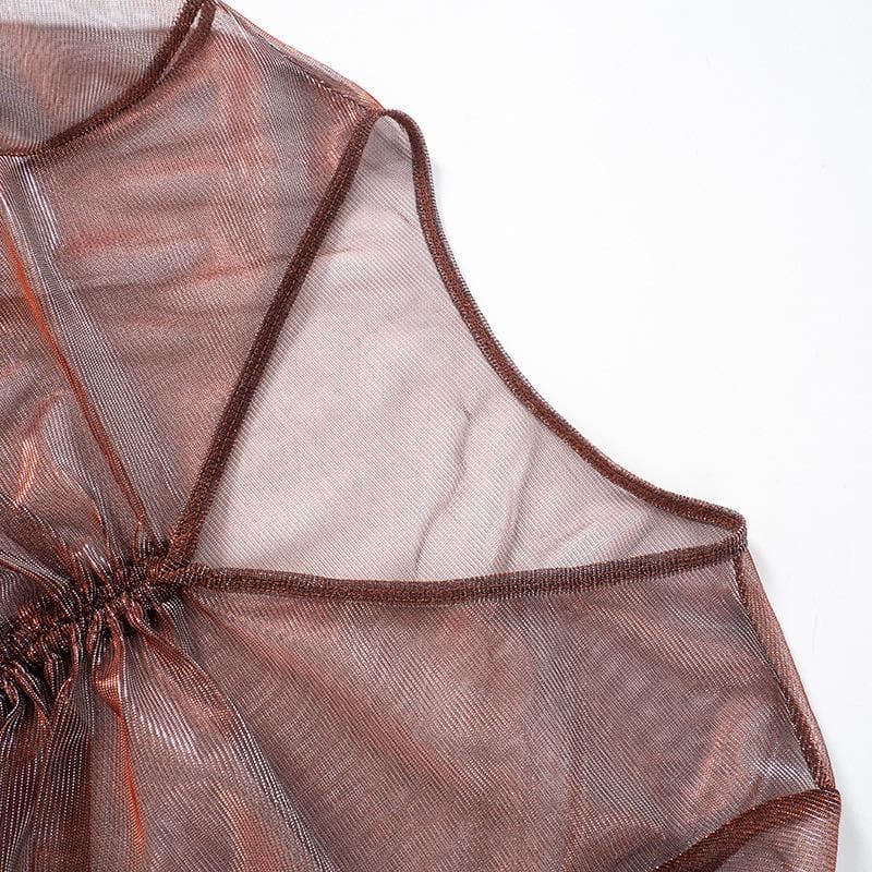 Long sleeve v neck drawstring ruched mesh top