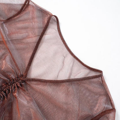 Long sleeve v neck drawstring ruched mesh top