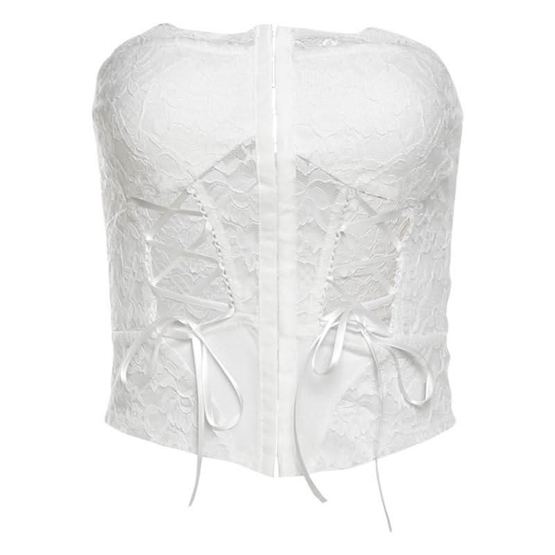 Lace hollow out lace up button tube cut out top
