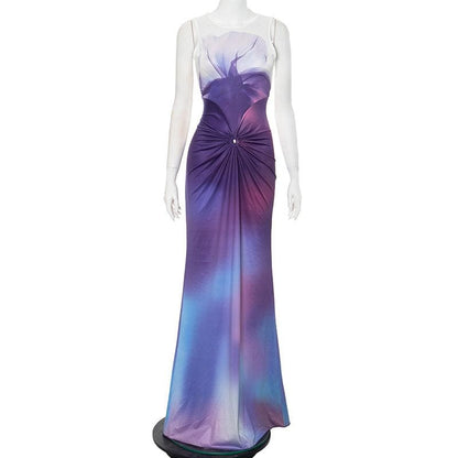 Sleeveless tie dye o ring ruched maxi dress