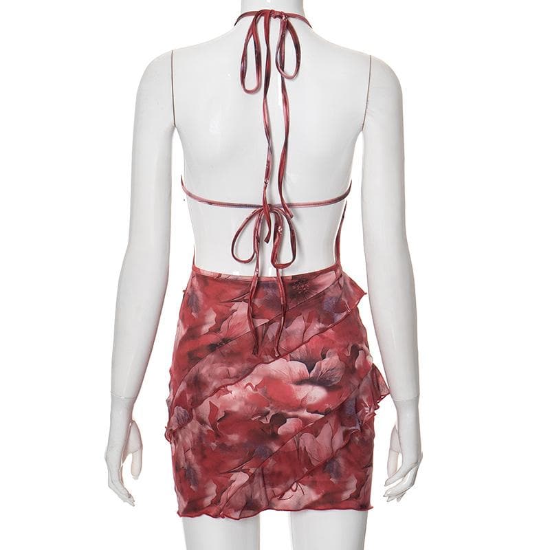 Halter self tie flower print backless ruffle mini dress