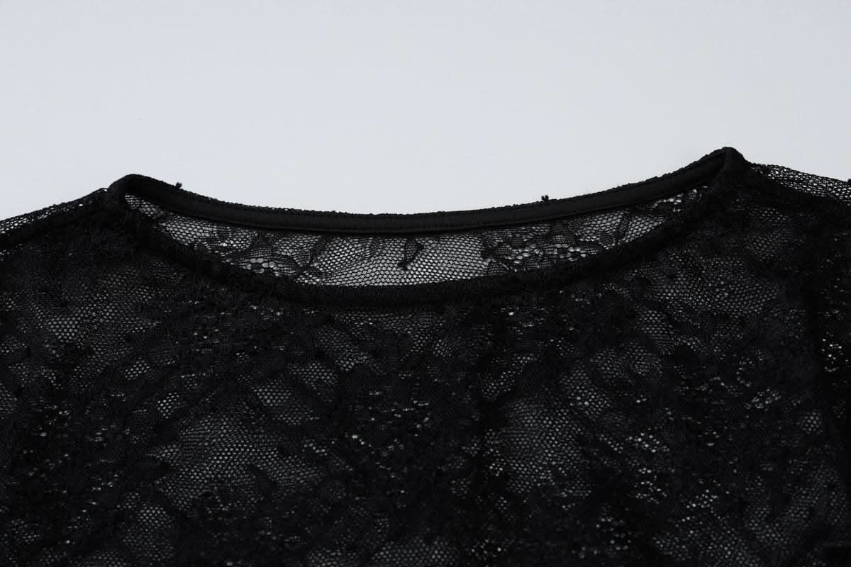 Long sleeve lace see through crewneck ruched top