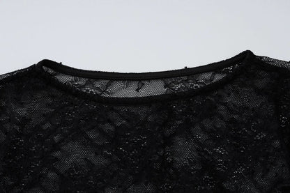 Long sleeve lace see through crewneck ruched top