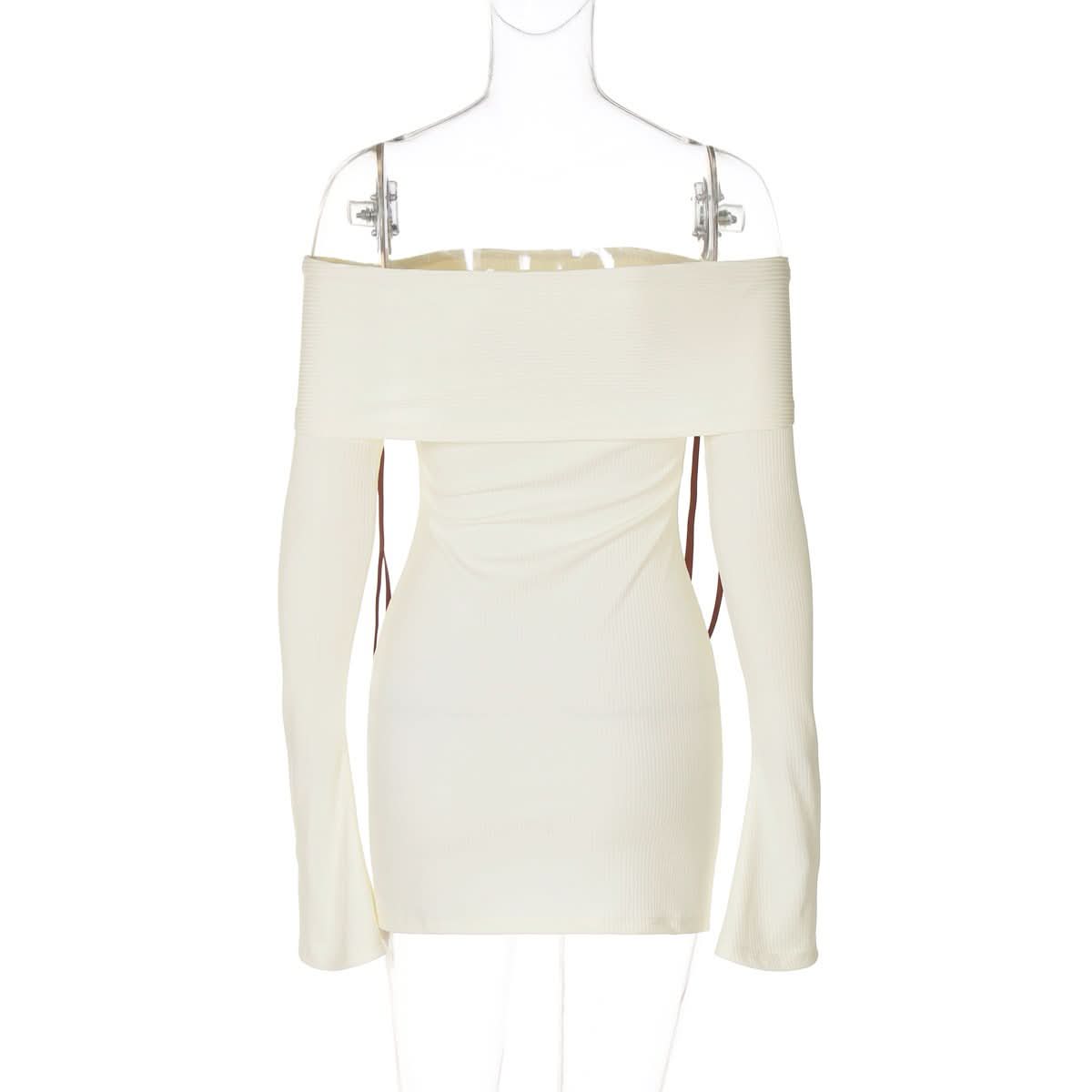 Off shoulder long flared sleeve bowknot ribbed mini dress