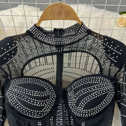 Long sleeve crewneck beaded zip-up hollow out cut out maxi dress