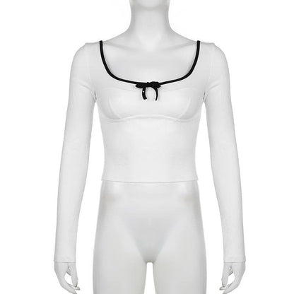 Square neck bowknot contrast long sleeve crop top