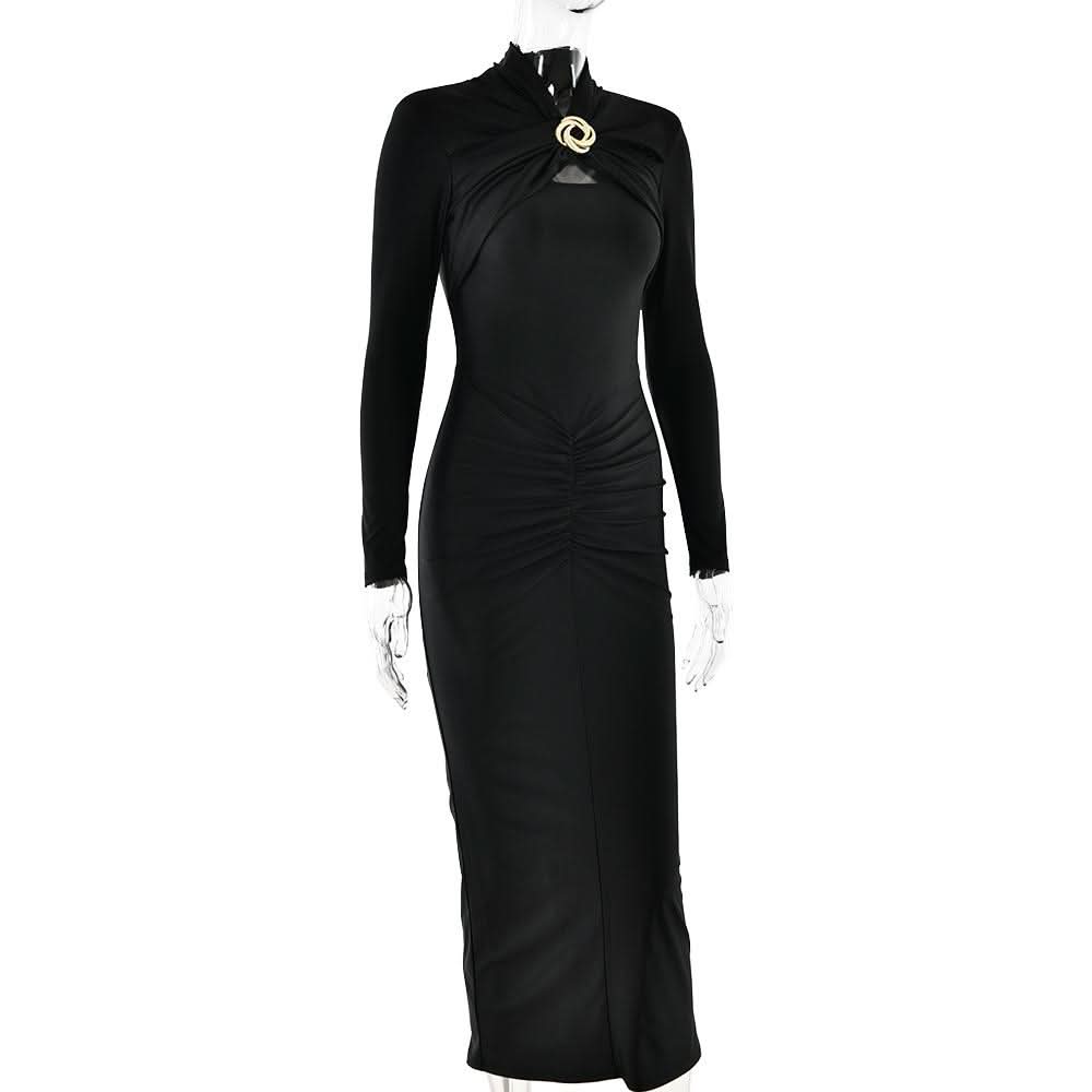 Hollow out long sleeve ruched slit solid cut out midi dress